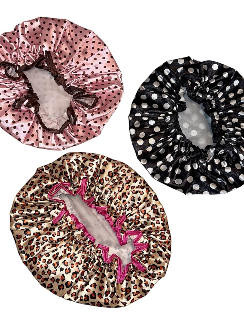 3 Piece Set- Satin Polka Dot & Leopard Sleep/Shower Bonnets- New-Never Used 🏷️ 💤